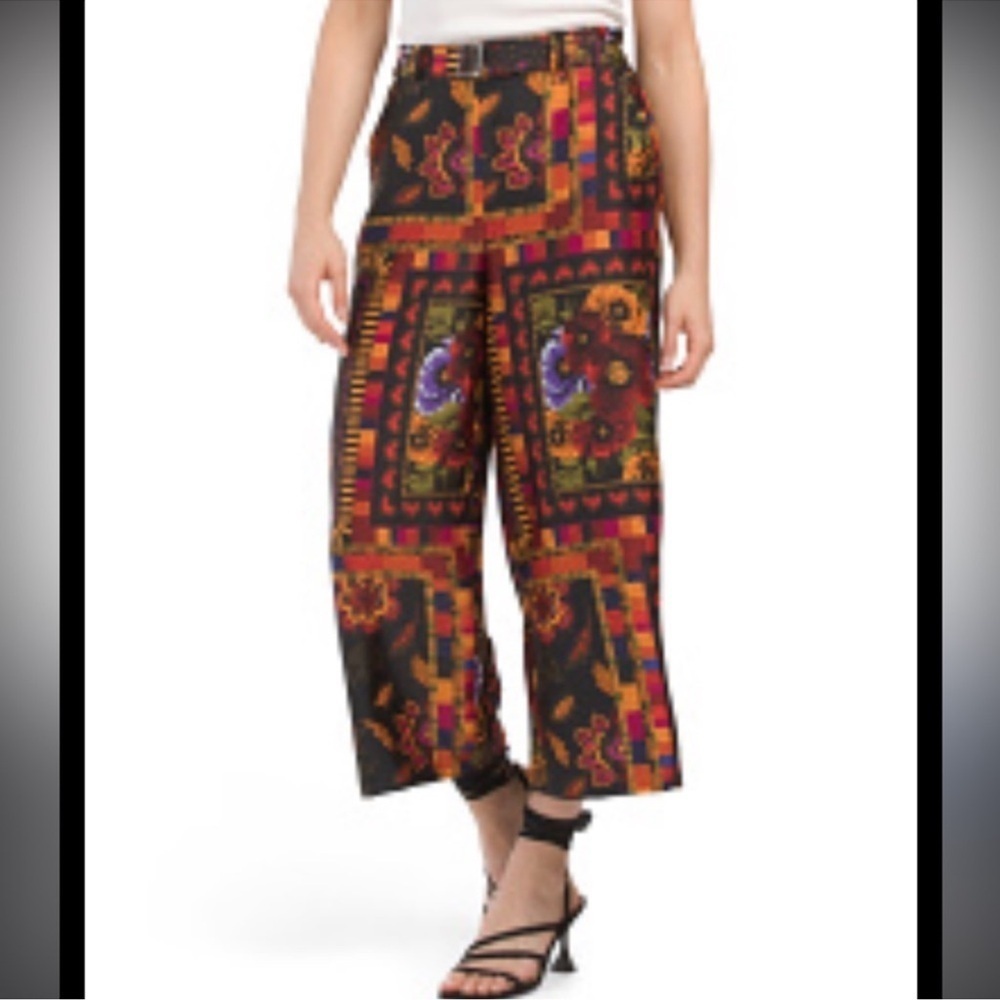 Joie Vintage Pattern Wide Leg Cropped Cut Out Belted Pant with Pockets Size S